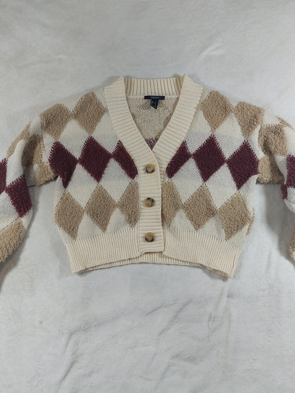 Forever 21 Fuzzy Argyle Cropped Cardigan Sweater Beige & Red Small